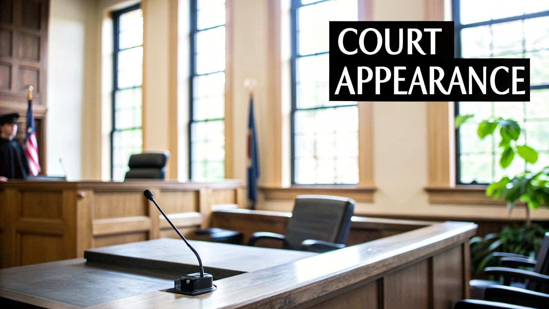 A courtroom interior with a judge's bench, a microphone, and large windows, with text 'COURT APPEARANCE'.
