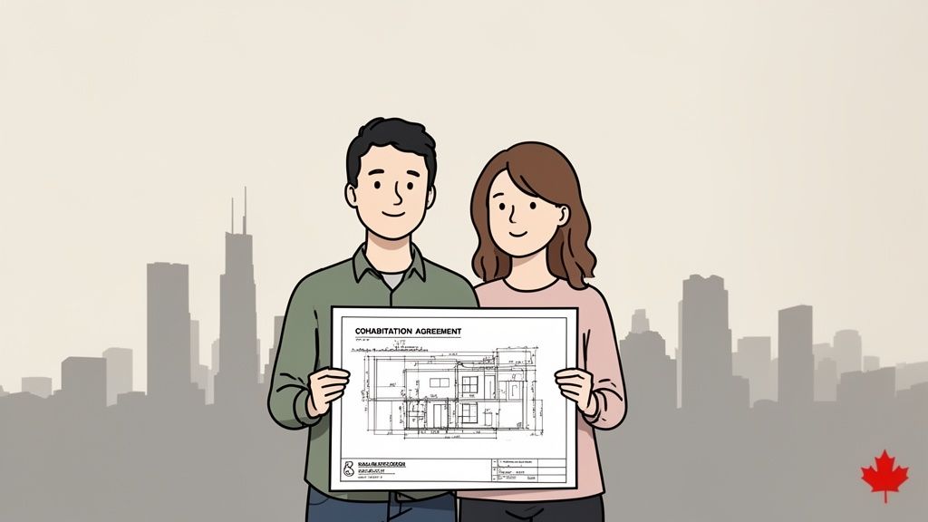 A cartoon couple holds a cohabitation agreement document with a house plan in a city.