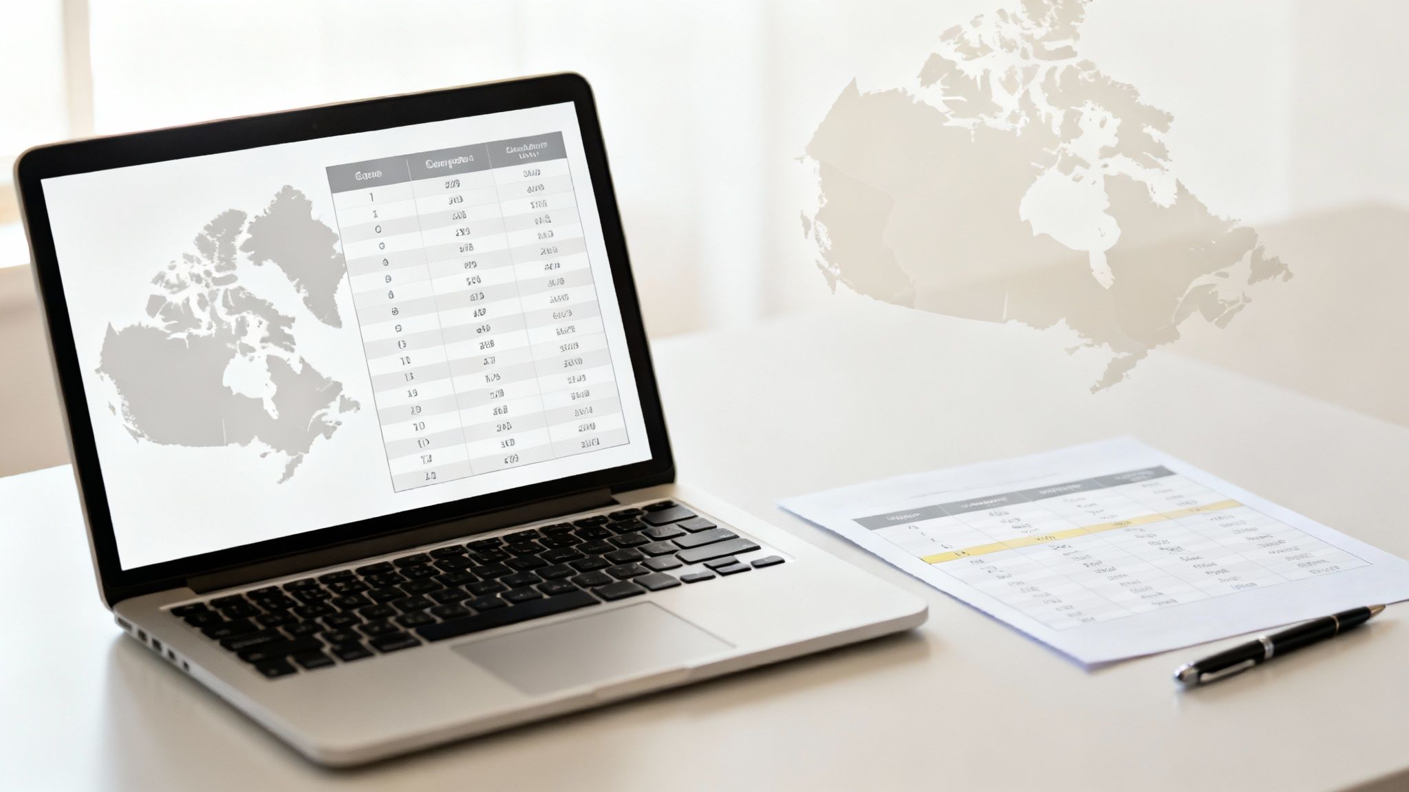 Laptop displaying legal data spreadsheet with world map and documents on desk