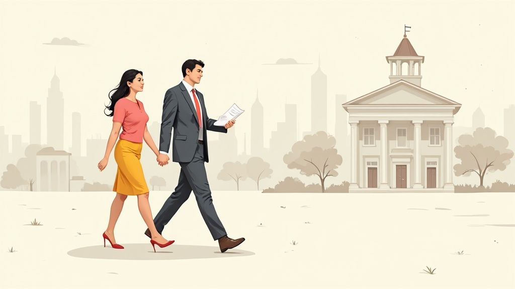 A couple, dressed professionally, walks in front of a courthouse, suggesting a smooth legal proceeding.
