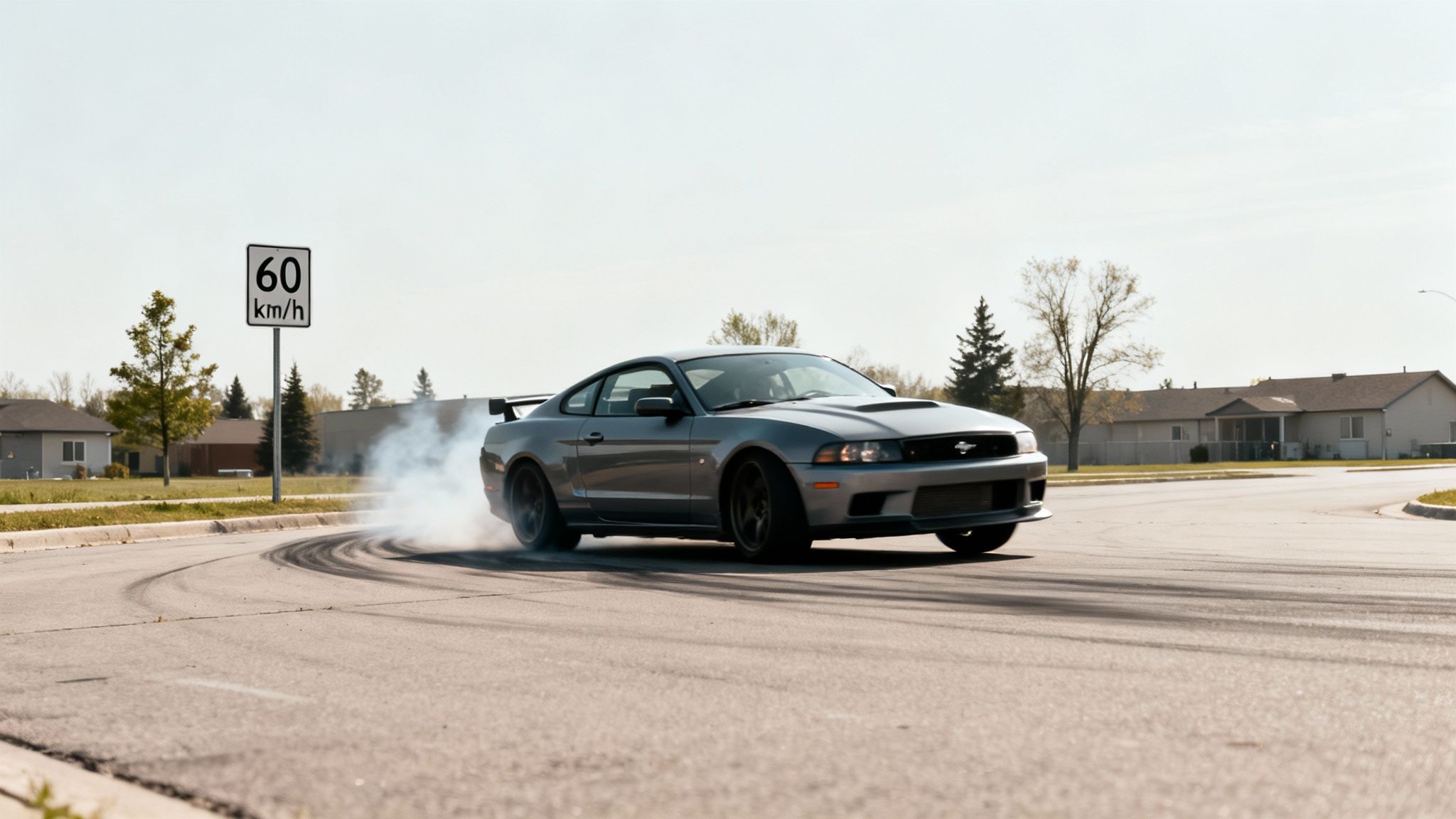A grey Ford Mustang performs a smoky burnout or drift on a street with a 60 km/h sign.