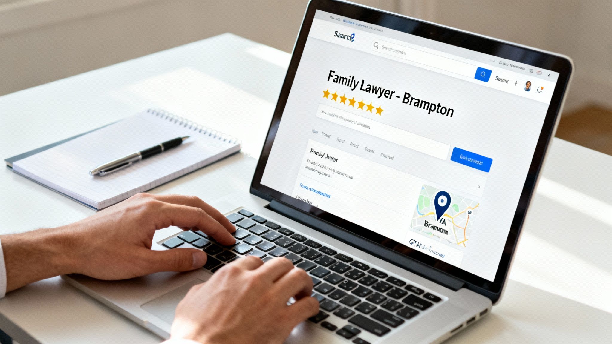 A person types on a laptop showing a search result for 'Family Lawyer - Brampton' with a 5-star rating and a map.