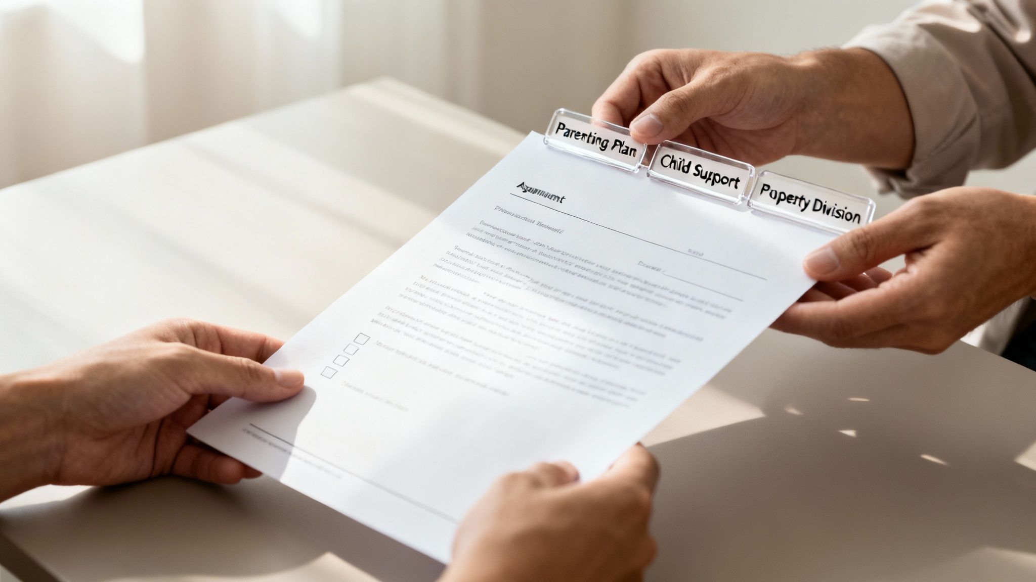 Hands exchanging a separation agreement document with tabs for parenting plan, child support, and property division.