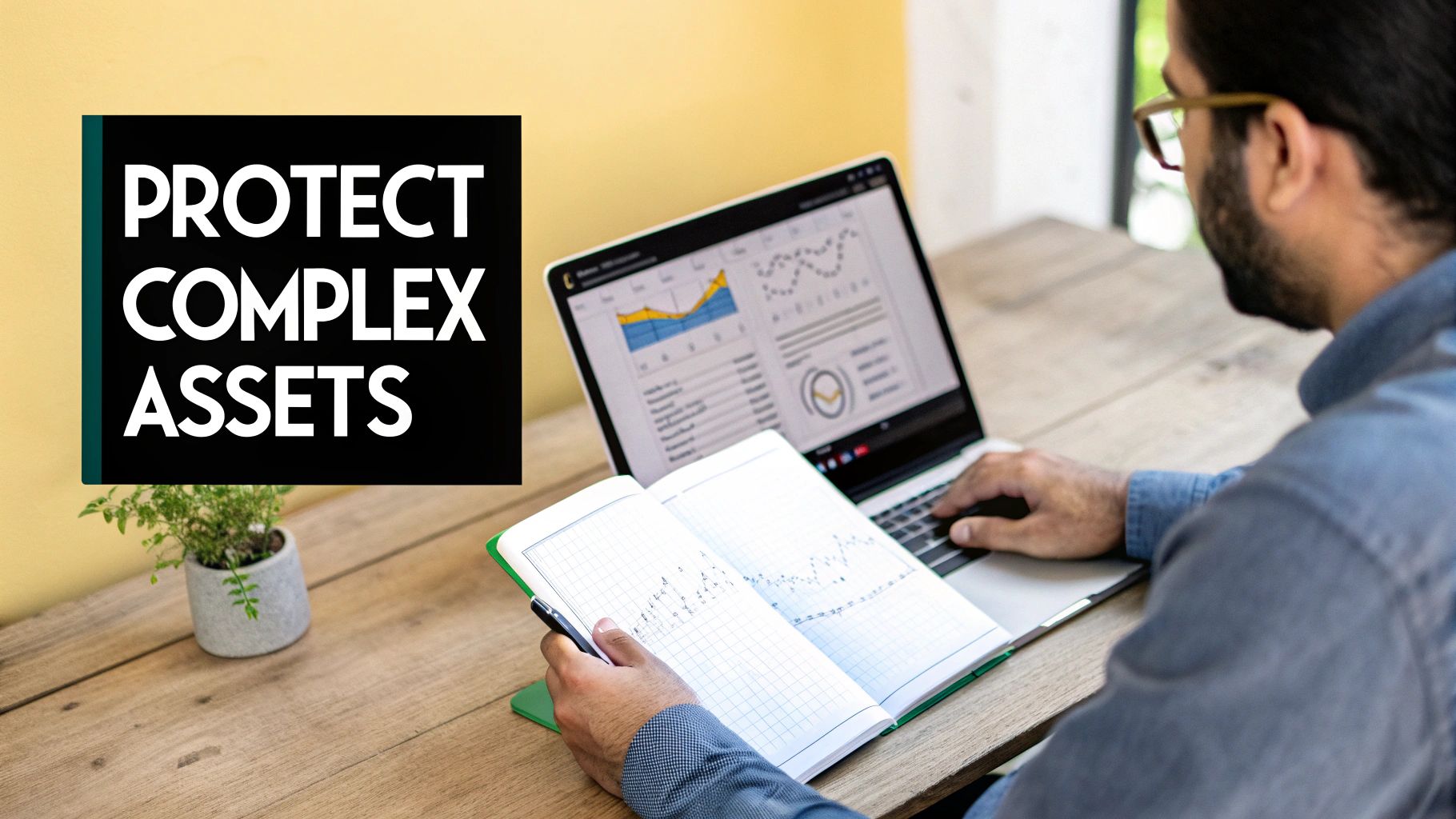 Man analyzing financial data on laptop and notebook, with text 'PROTECT COMPLEX ASSETS'.