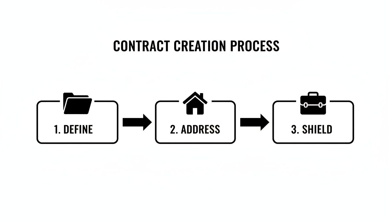A simple diagram illustrating the three-step contract creation process: Define, Address, and Shield.