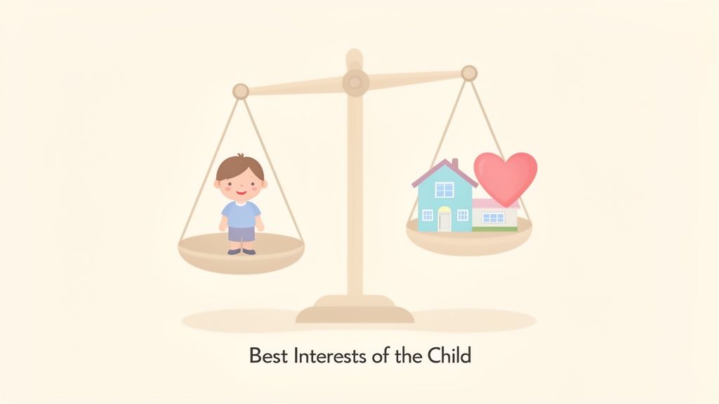 A balanced scale with a child on one side and a home and heart on the other, representing the best interests of the child.