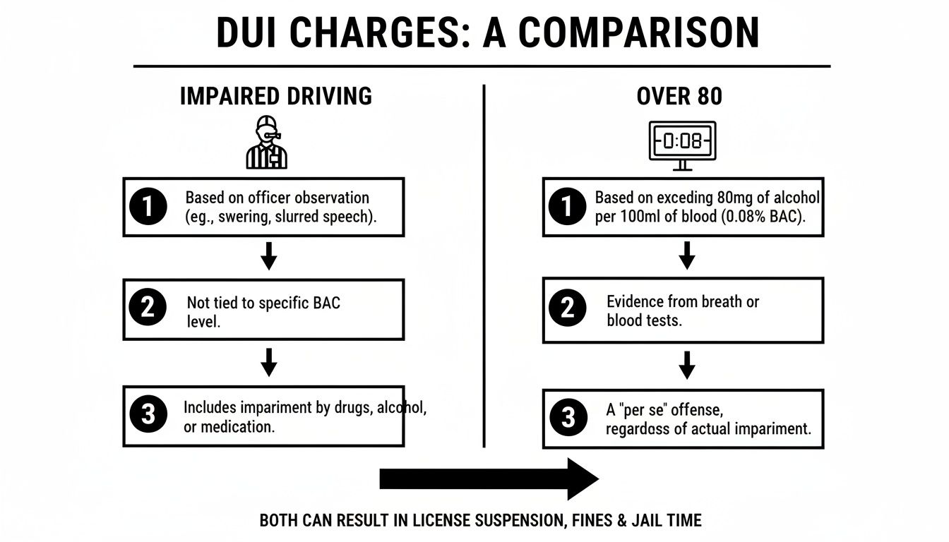 Infographic comparing impaired driving and over 80 DUI charges, detailing criteria and evidence.