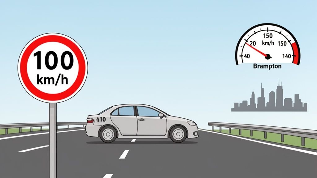 A car on a highway with a 100 km/h speed limit sign and a speedometer indicating 20 km/h towards Brampton.