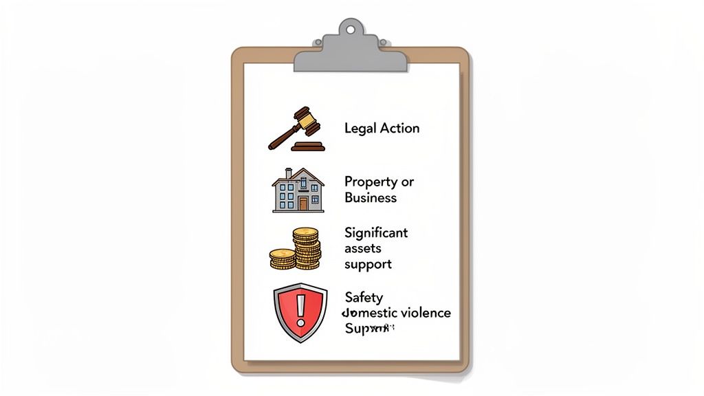 Clipboard with icons and text detailing legal support areas: legal action, property, assets, and safety.
