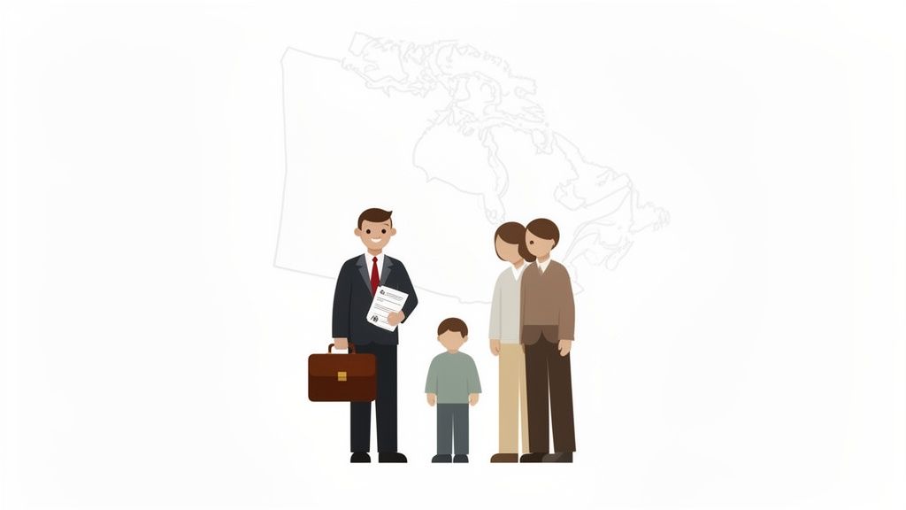 A smiling lawyer with documents and briefcase stands with a family of three and a map of Canada.