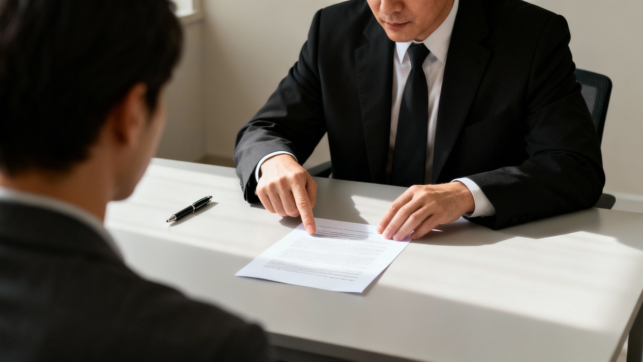 A man in a suit points to a document on a desk during a meeting with another person.