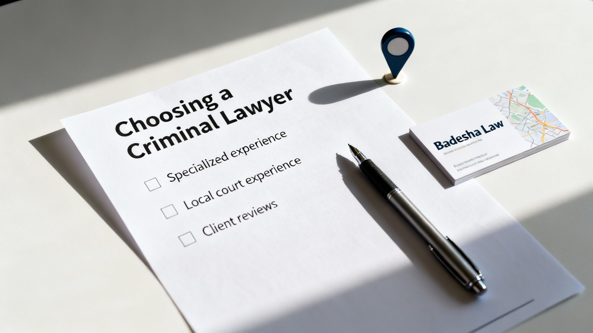 A document titled 'Choosing a Criminal Lawyer' with checkboxes, a pen, and 'Badesha Law' business cards.