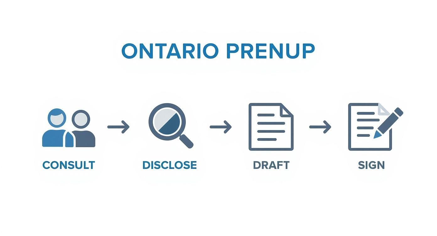 Flowchart illustrating the four steps for an Ontario prenup: consult, disclose, draft, and sign.