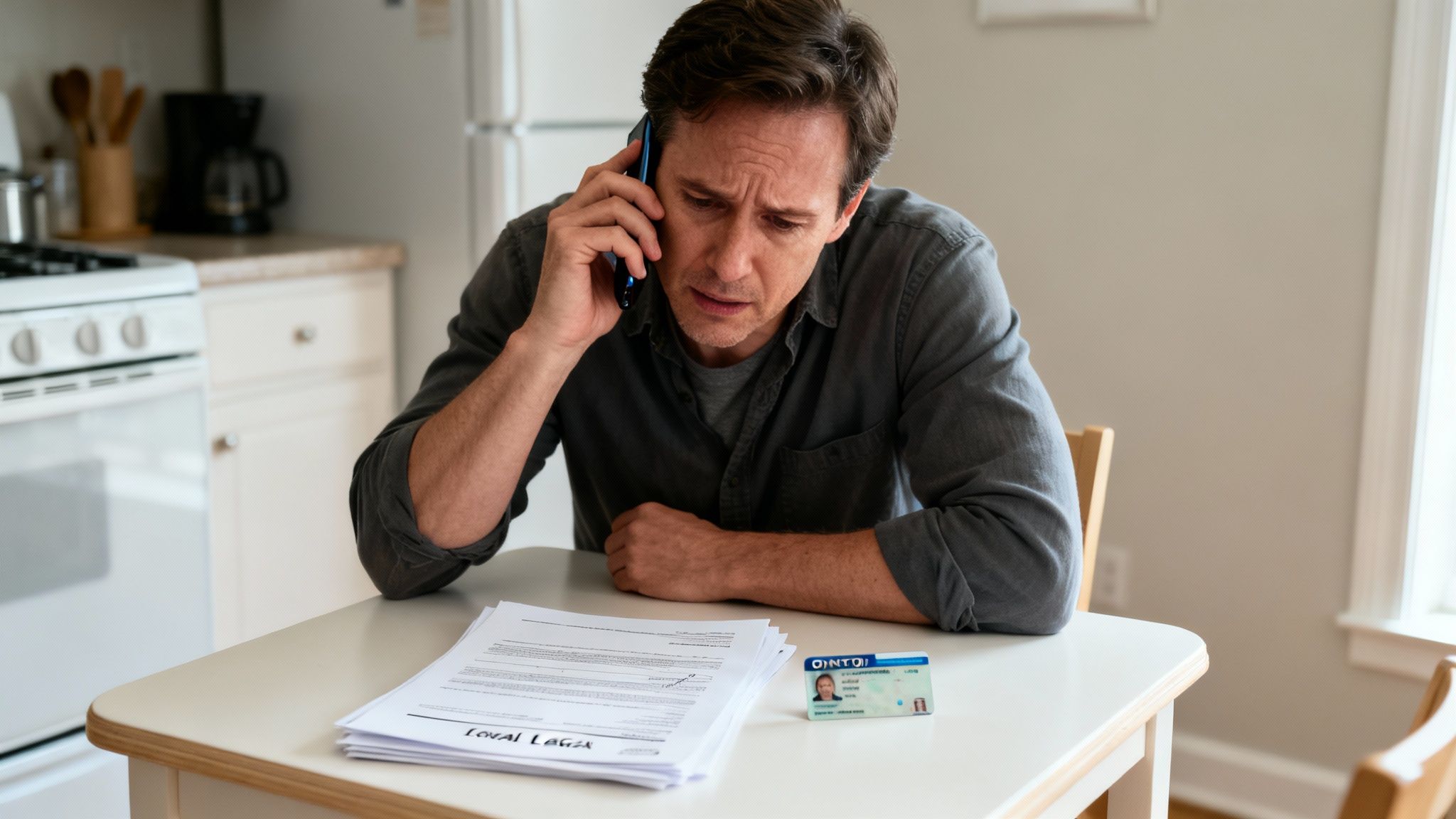 Concerned man on phone with legal documents and ID card at a kitchen table.