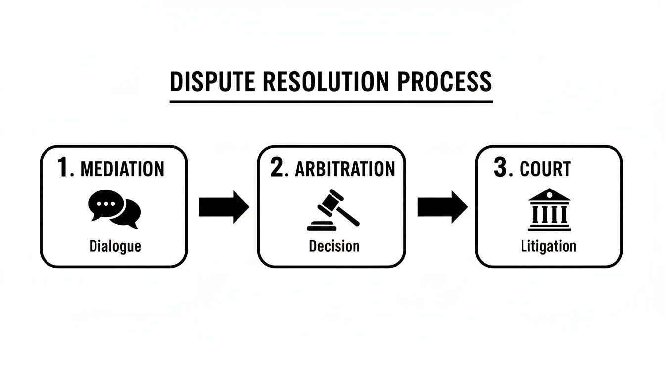 Flowchart illustrating the dispute resolution process: mediation, arbitration, and court litigation steps.