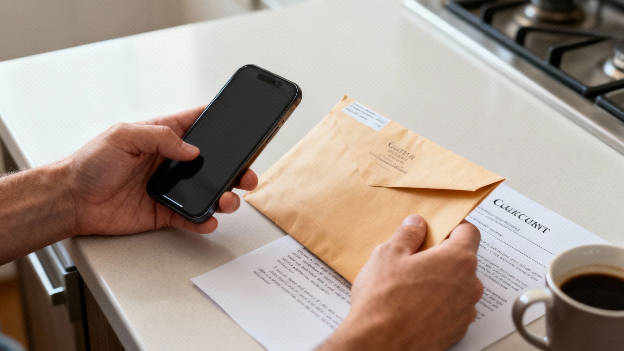A person's hands hold a smartphone and an open envelope with documents and coffee on a counter.