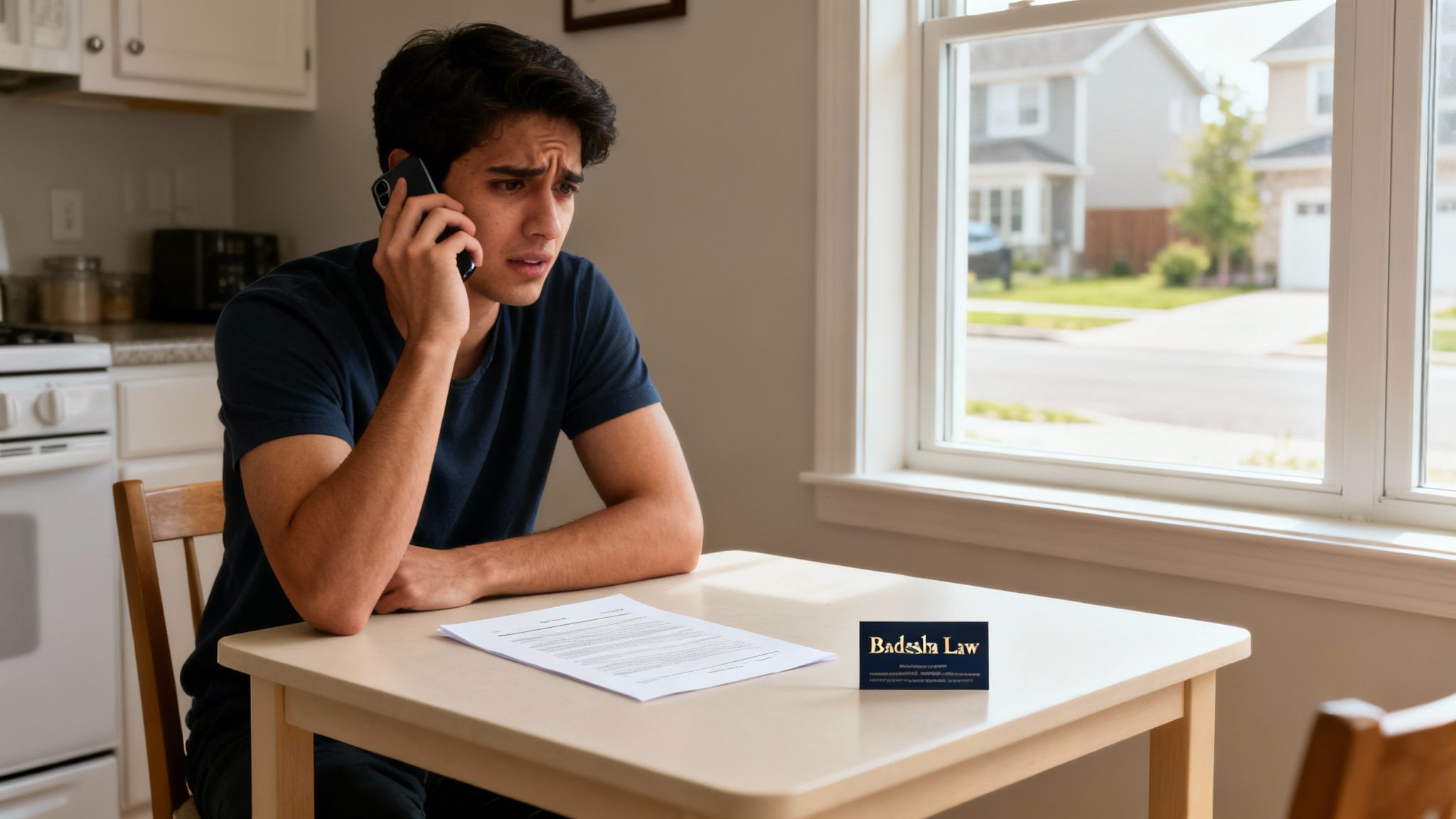 A worried man on the phone, looking at a legal document and Badesha Law card.