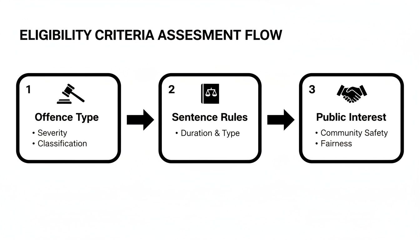 Flowchart illustrating eligibility criteria assessment steps: offence type, sentence rules, and public interest considerations.