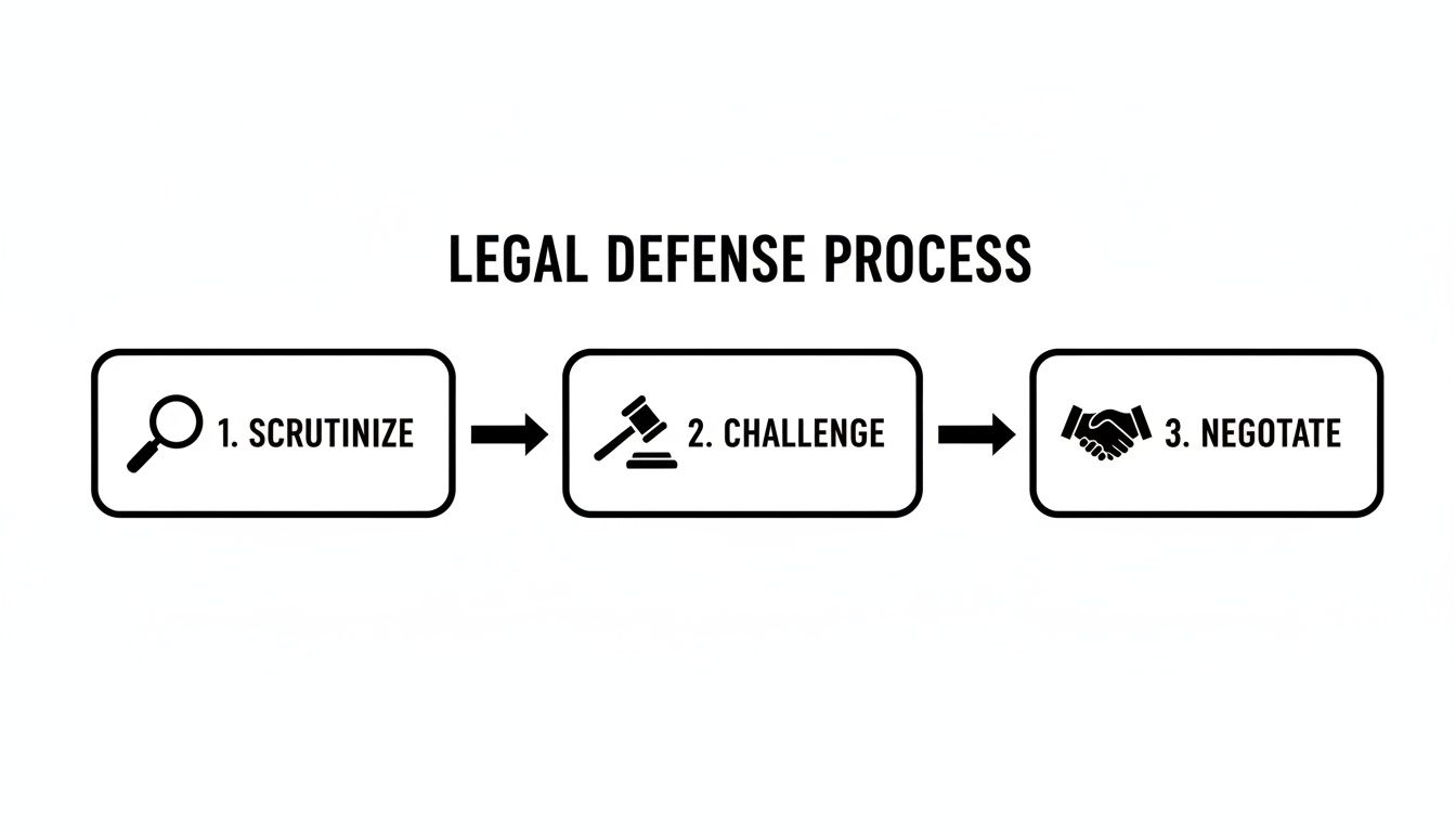 A flowchart outlining the three steps of a legal defense process: scrutinize, challenge, and negotiate.