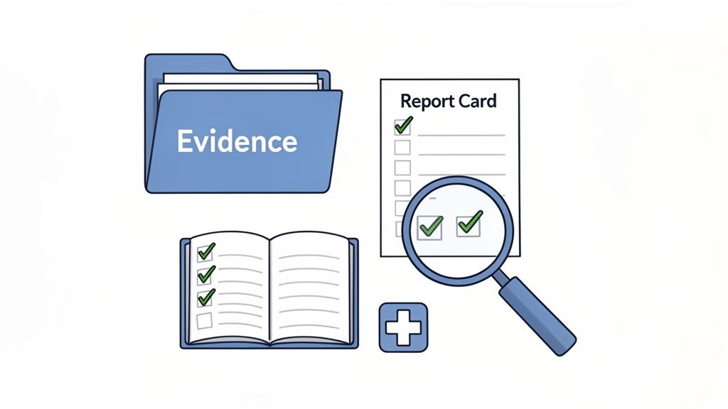 Blue icons: 'Evidence' folder, 'Report Card' with checks, open book with checks, magnifying glass, and medical cross.
