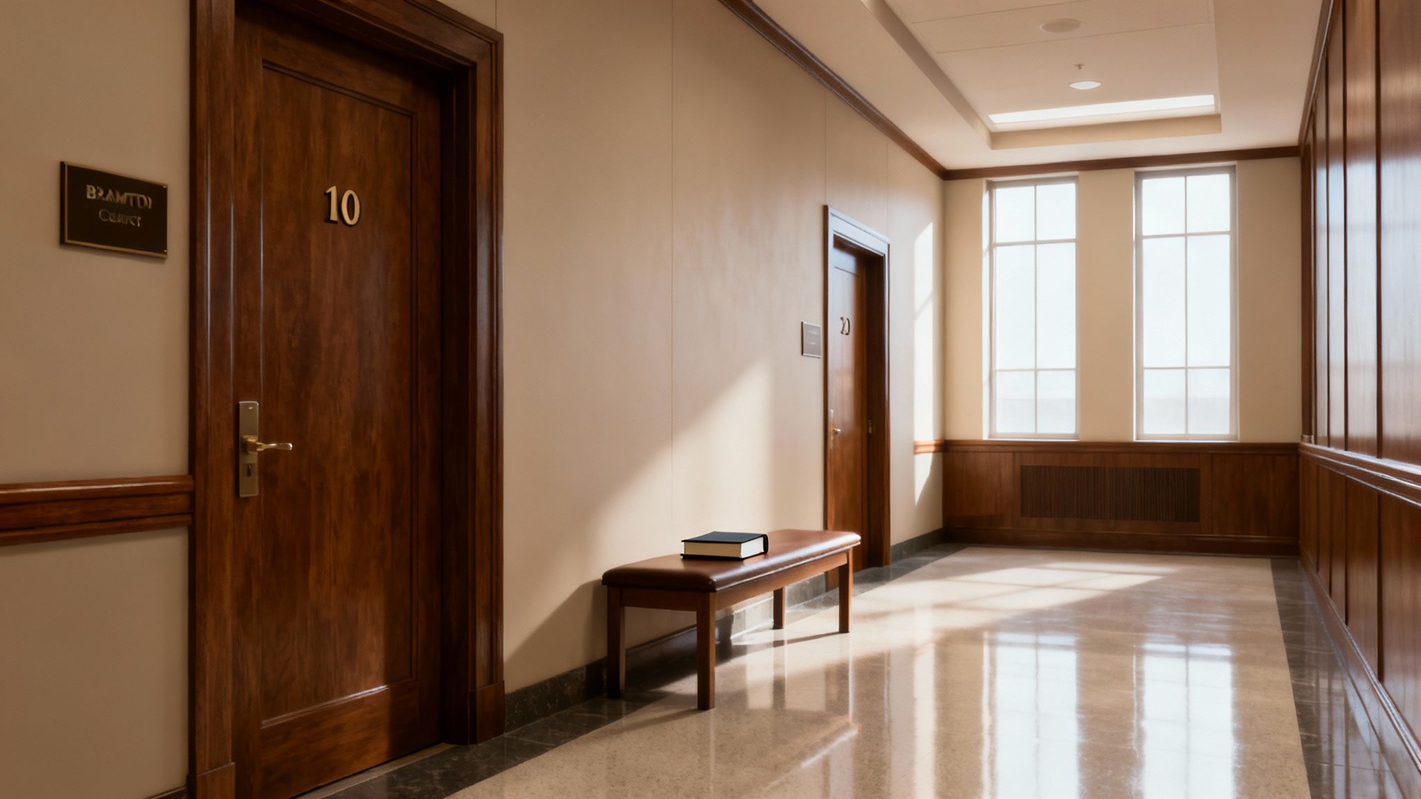 Professional law office hallway with polished floors and wooden doors numbered ten