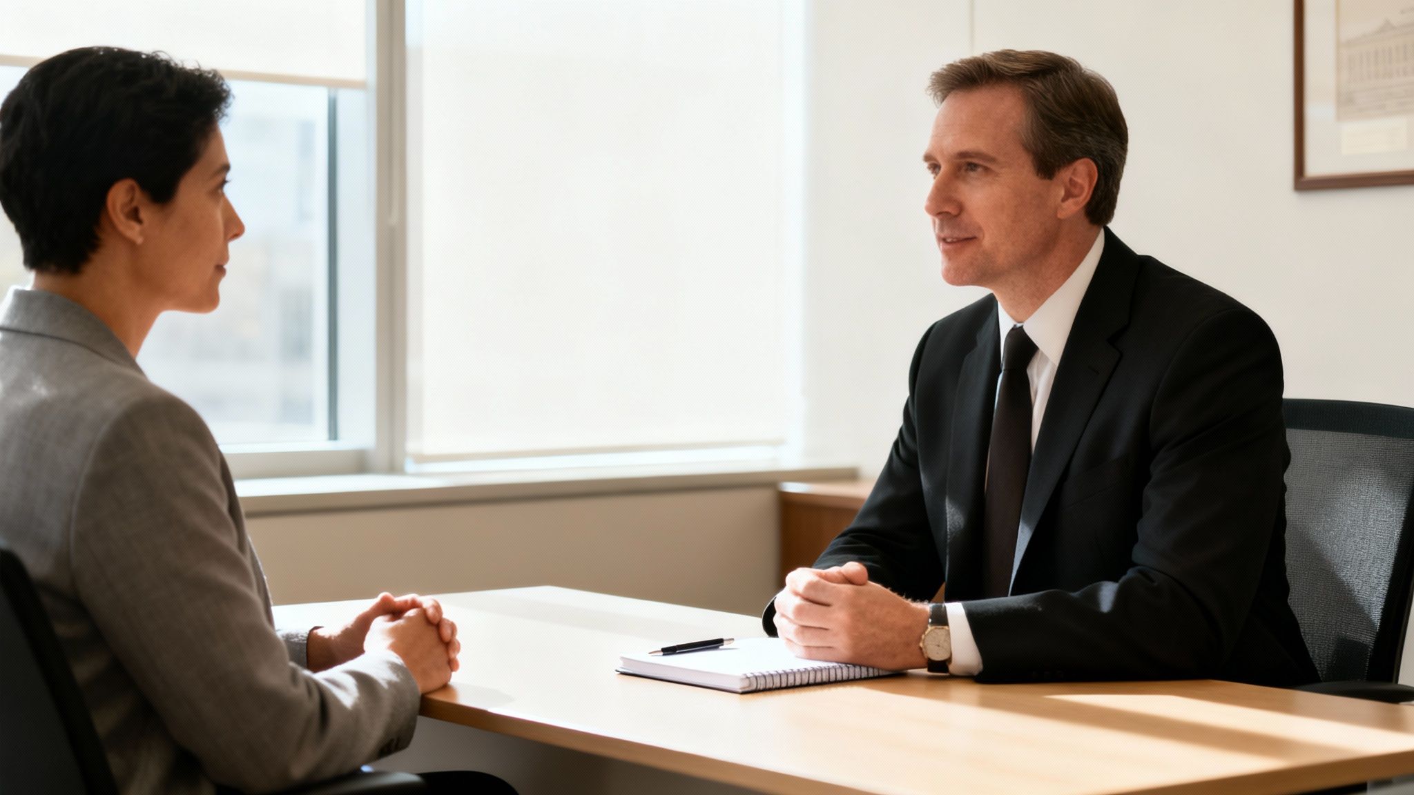 Two professionals, a man in a suit and a woman in a blazer, sit at a desk discussing.
