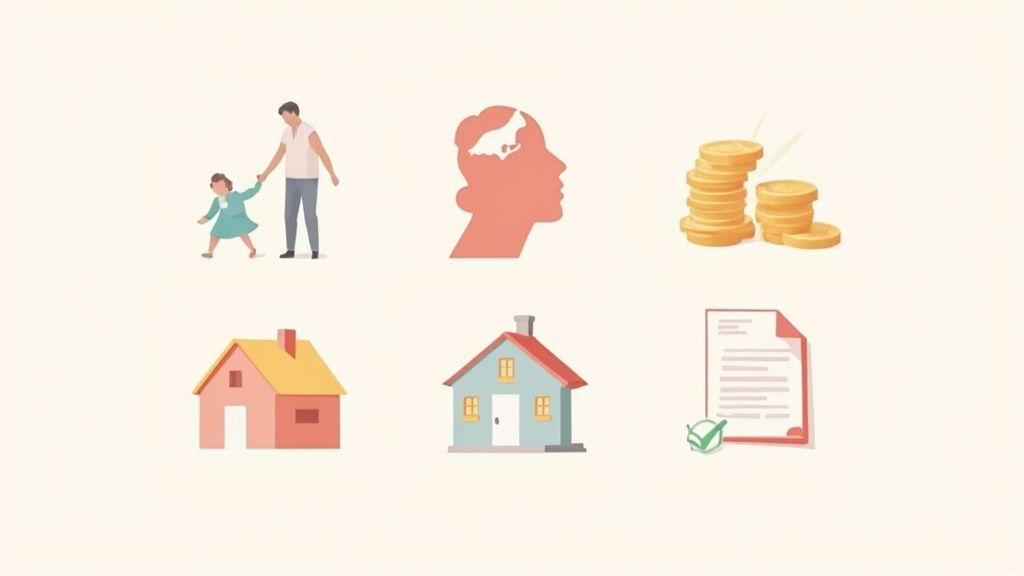 Illustrations of a man and child, a woman's head, money, two houses, and a signed legal document.