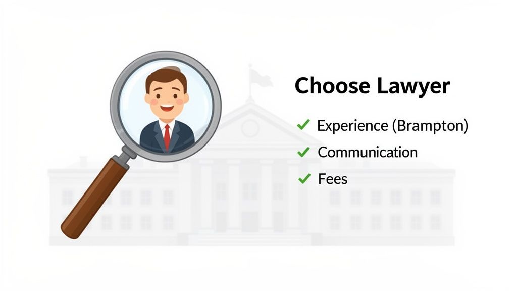 A magnifying glass highlights a cartoon lawyer, next to a checklist for choosing a lawyer.