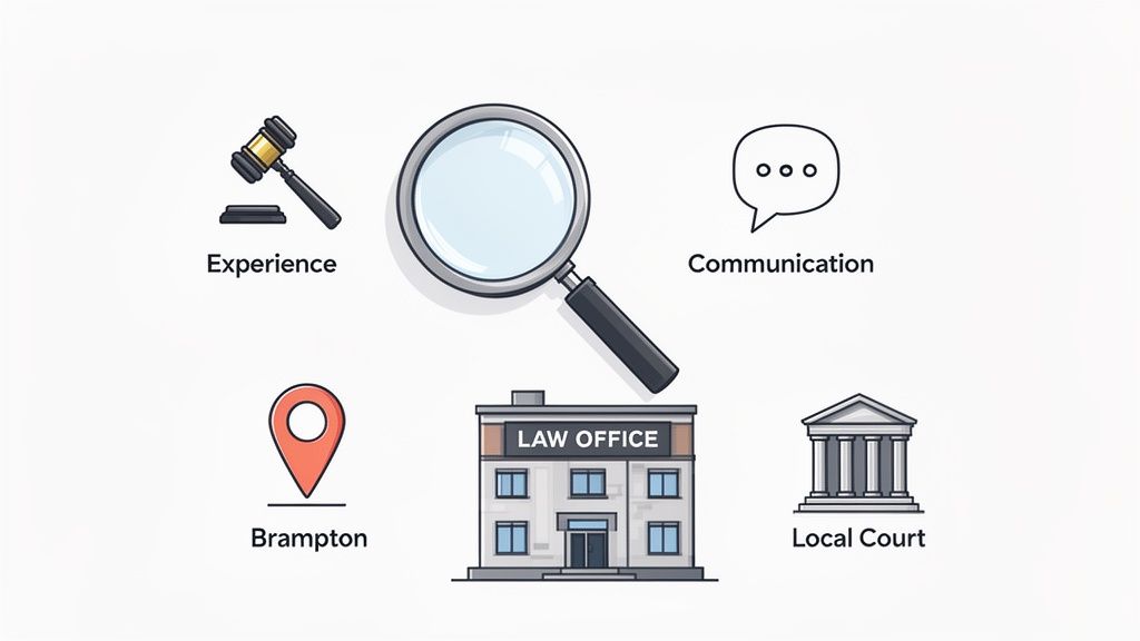Illustration showing a magnifying glass over a law office, with icons for experience, communication, Brampton, and local court.