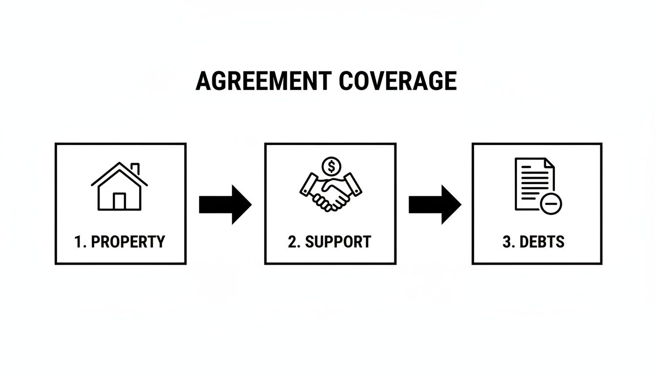 Flowchart illustrating agreement coverage, detailing property, support, and debts with corresponding icons.