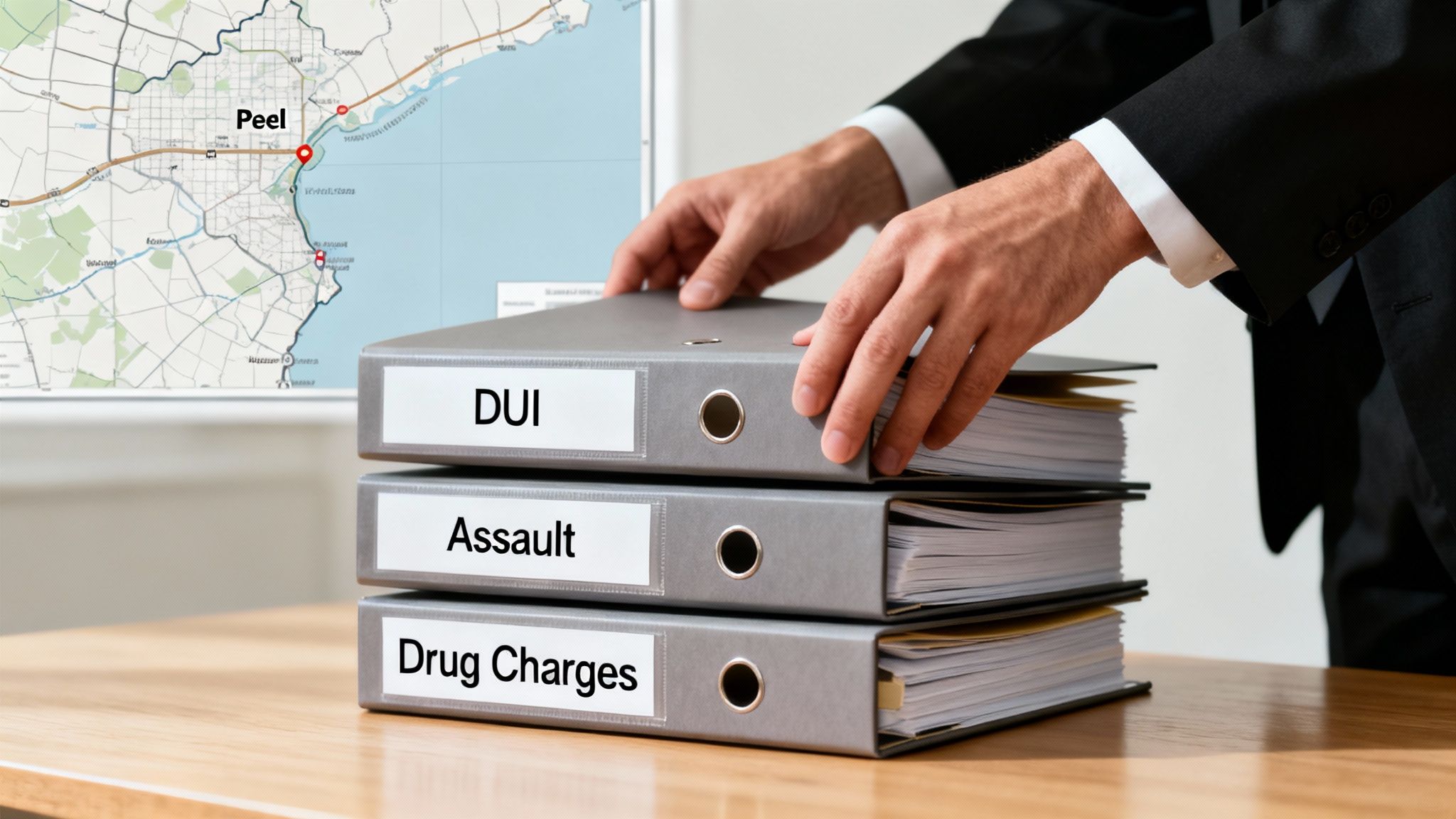 A lawyer places a 'DUI' binder on a stack of 'Assault' and 'Drug Charges' binders, with a Peel map.