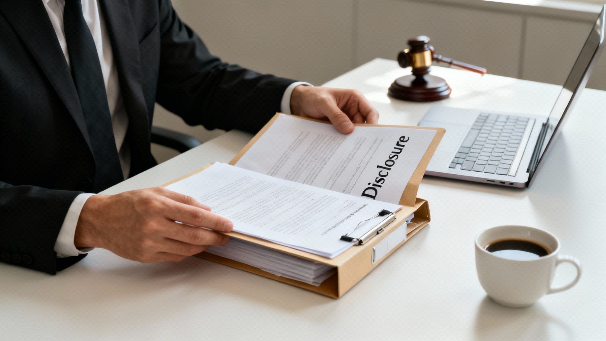 A professional in a suit reviews legal 'Disclosure' documents on a desk with a gavel and laptop.