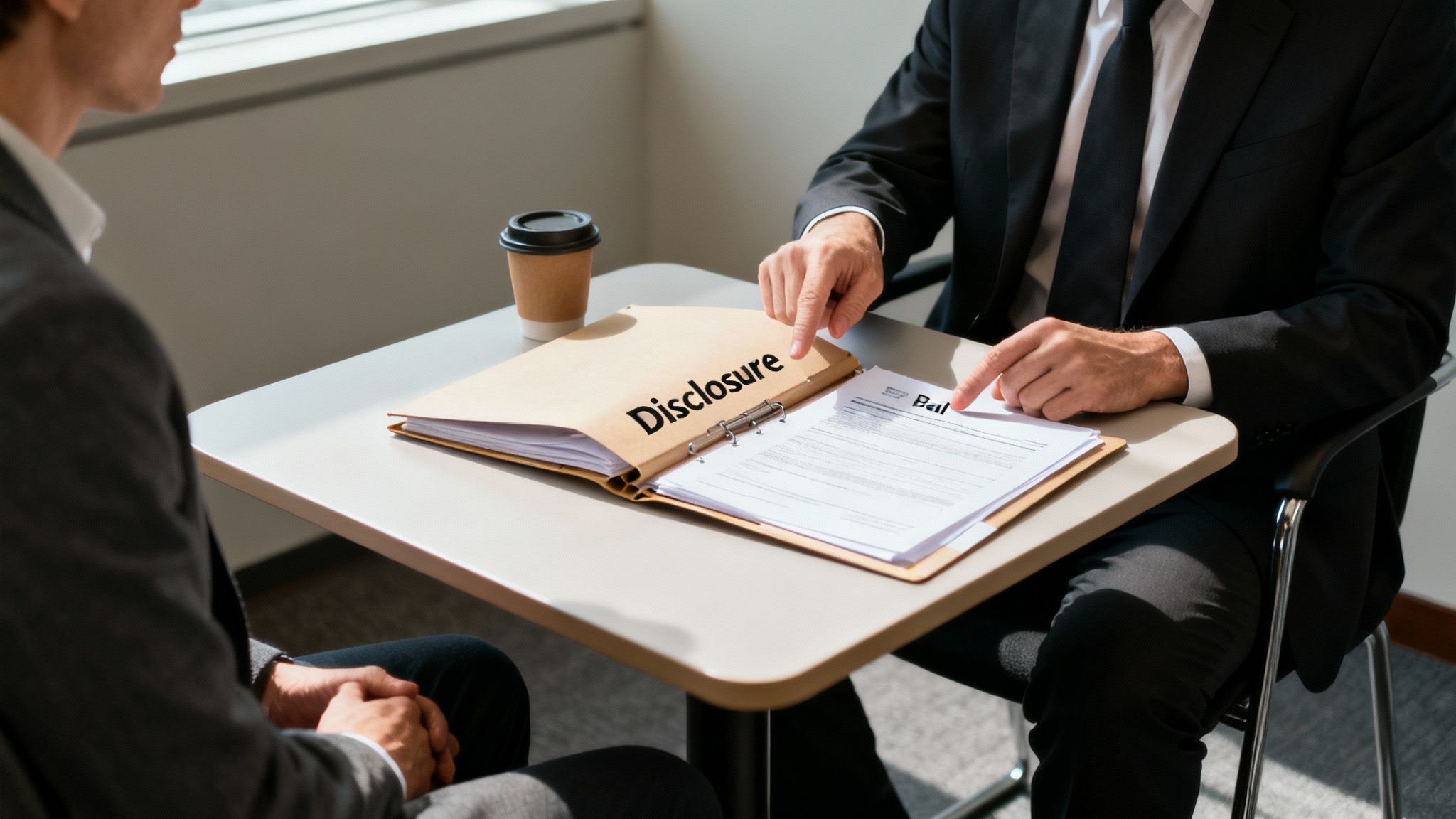 Criminal lawyer in Brampton reviewing disclosure documents with client during legal consultation meeting