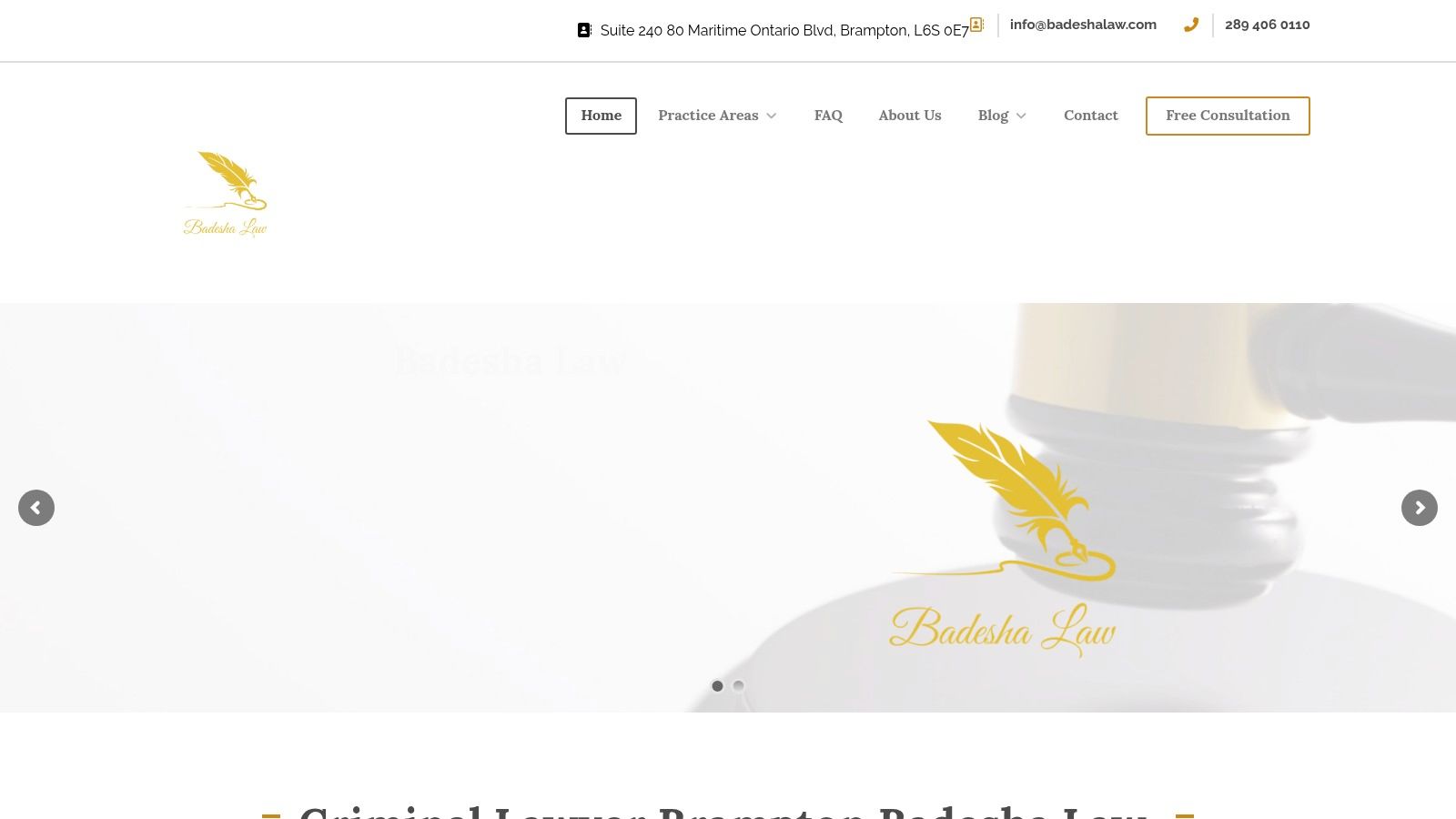 A screenshot of the Criminal Lawyer Brampton Badesha Law website homepage, showing contact information and a professional design.