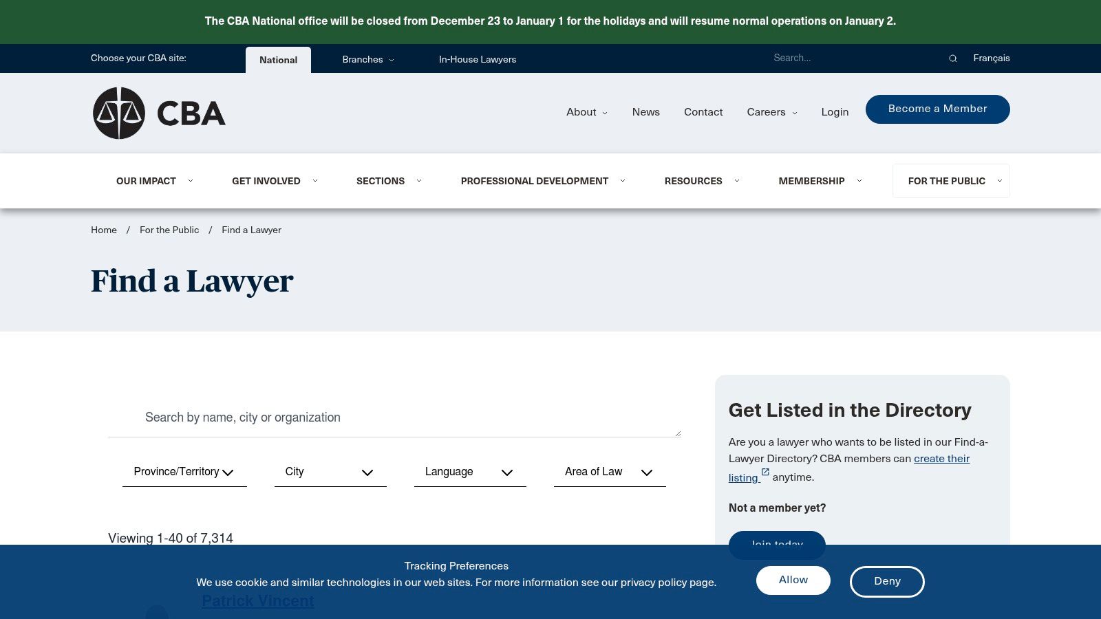 Search interface for the Canadian Bar Association Find-a-Lawyer tool