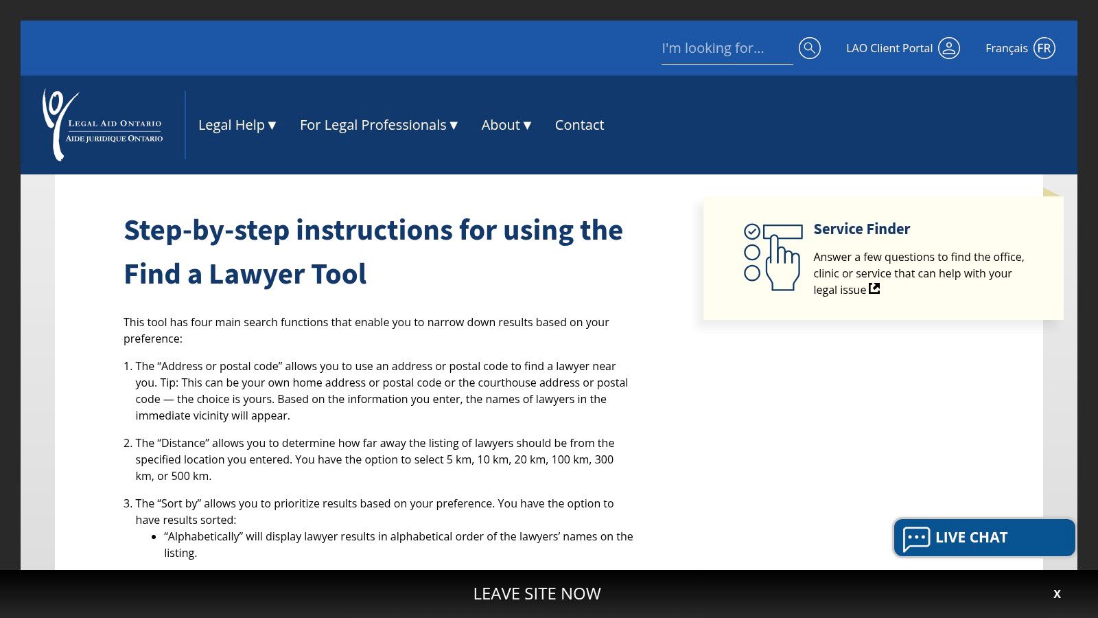 Legal Aid Ontario Find a Lawyer tool showing search filters for location, area of law, and language.