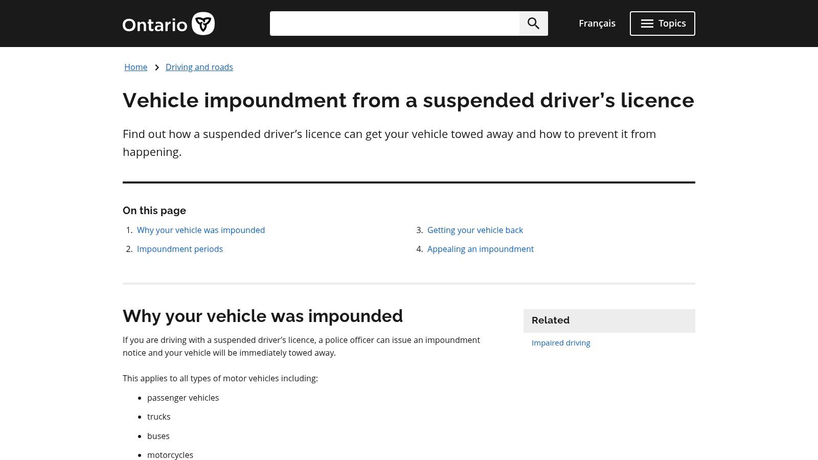 Ontario.ca – Vehicle Impoundment (roadside consequence details)