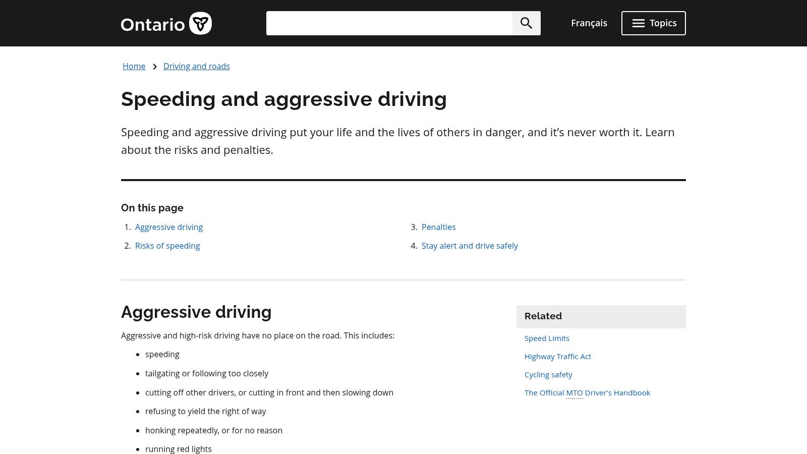 Ontario.ca – Speeding and Aggressive Driving (official overview)