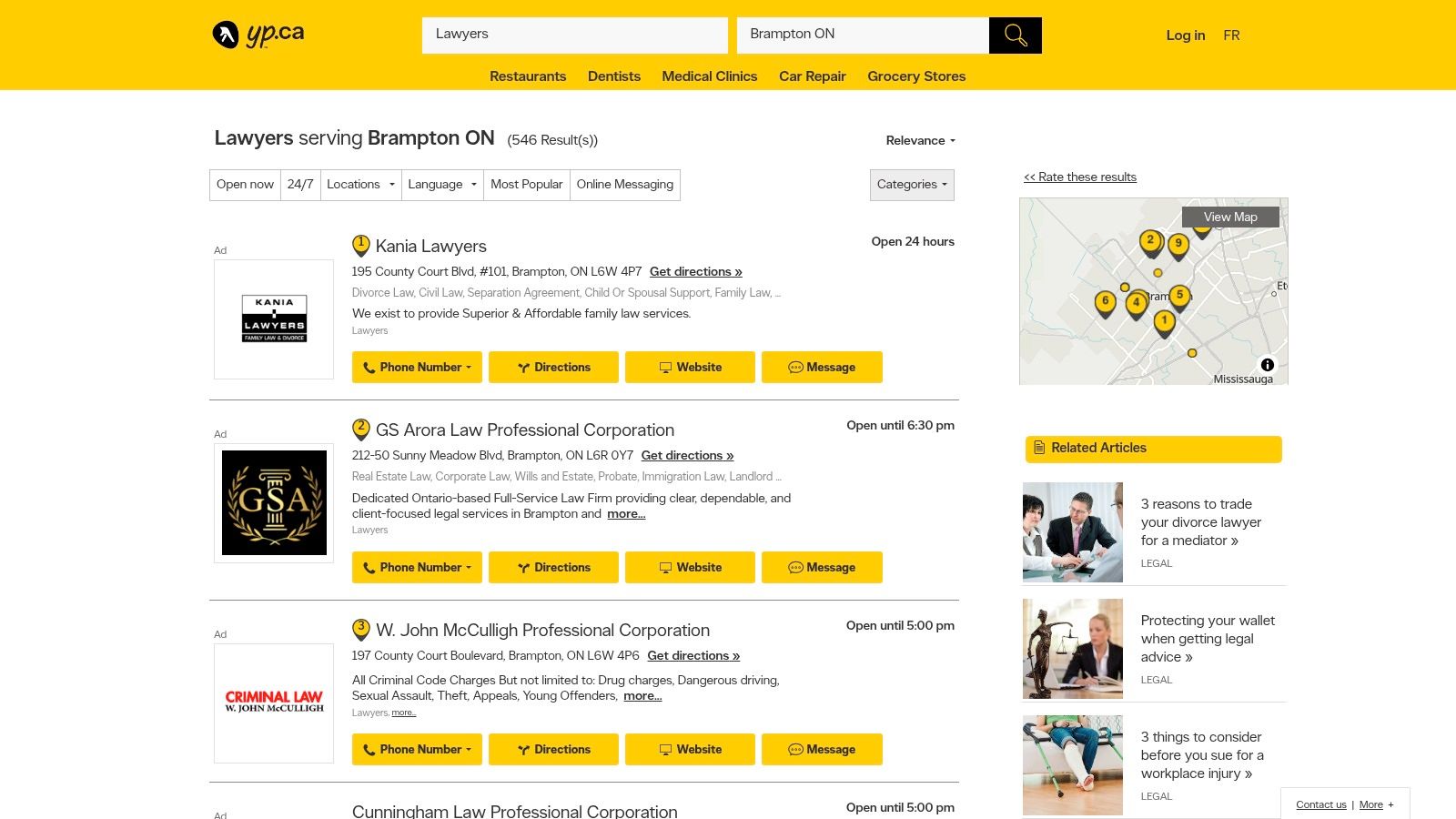 YellowPages.ca – Brampton Lawyers directory showing a list of law firms with contact information and user ratings.
