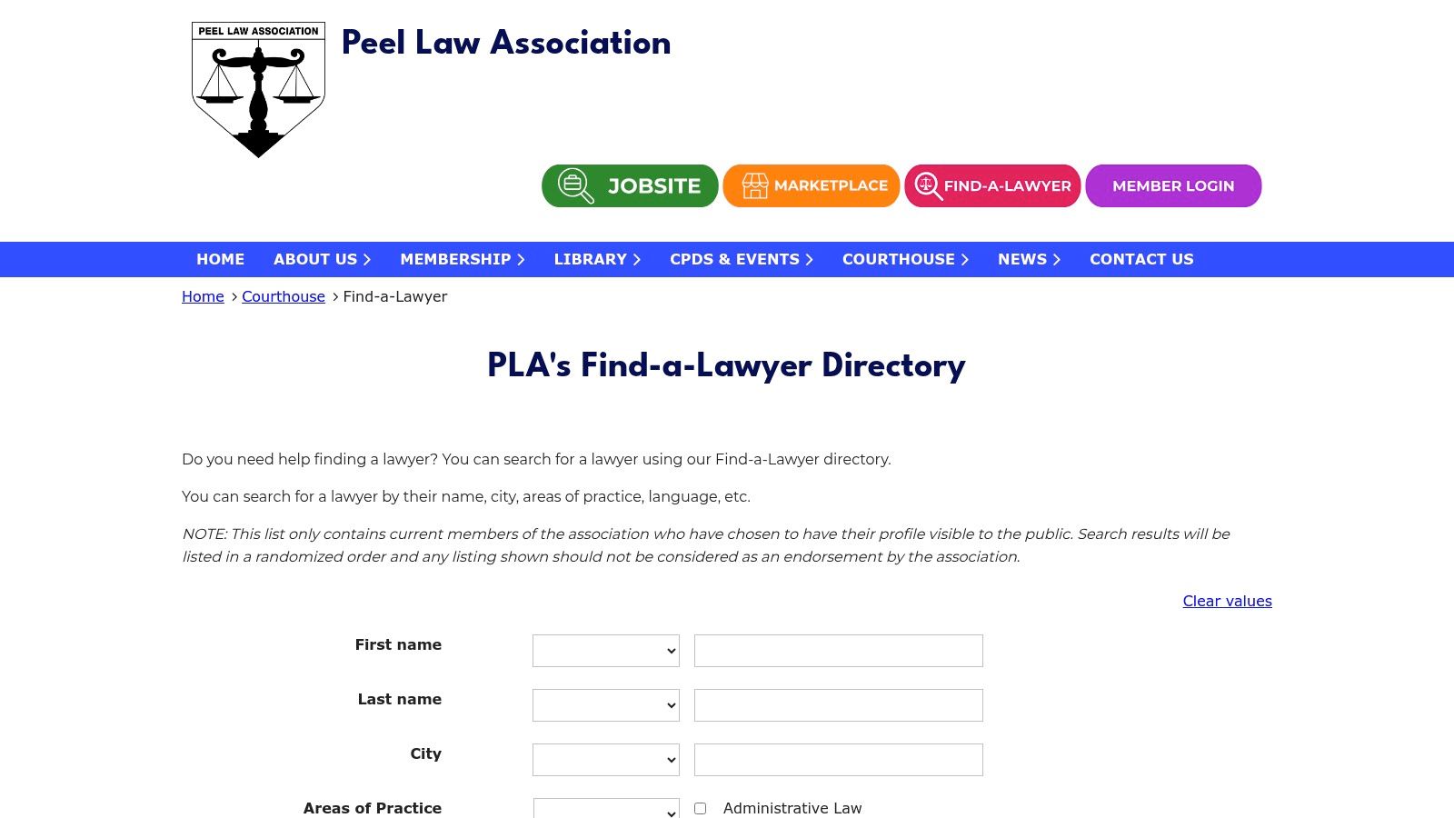 Peel Law Association (PLA) – Find-a-Lawyer search page showing options for Area of Practice, City, and Language.