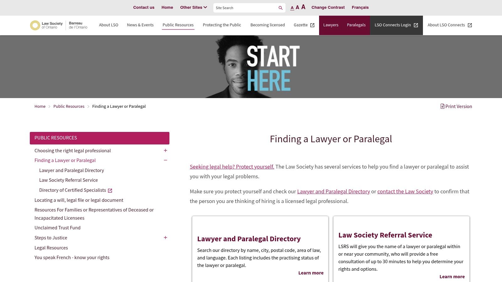 Law Society of Ontario Lawyer & Paralegal Directory search page showing search fields for name, city, and area of law.