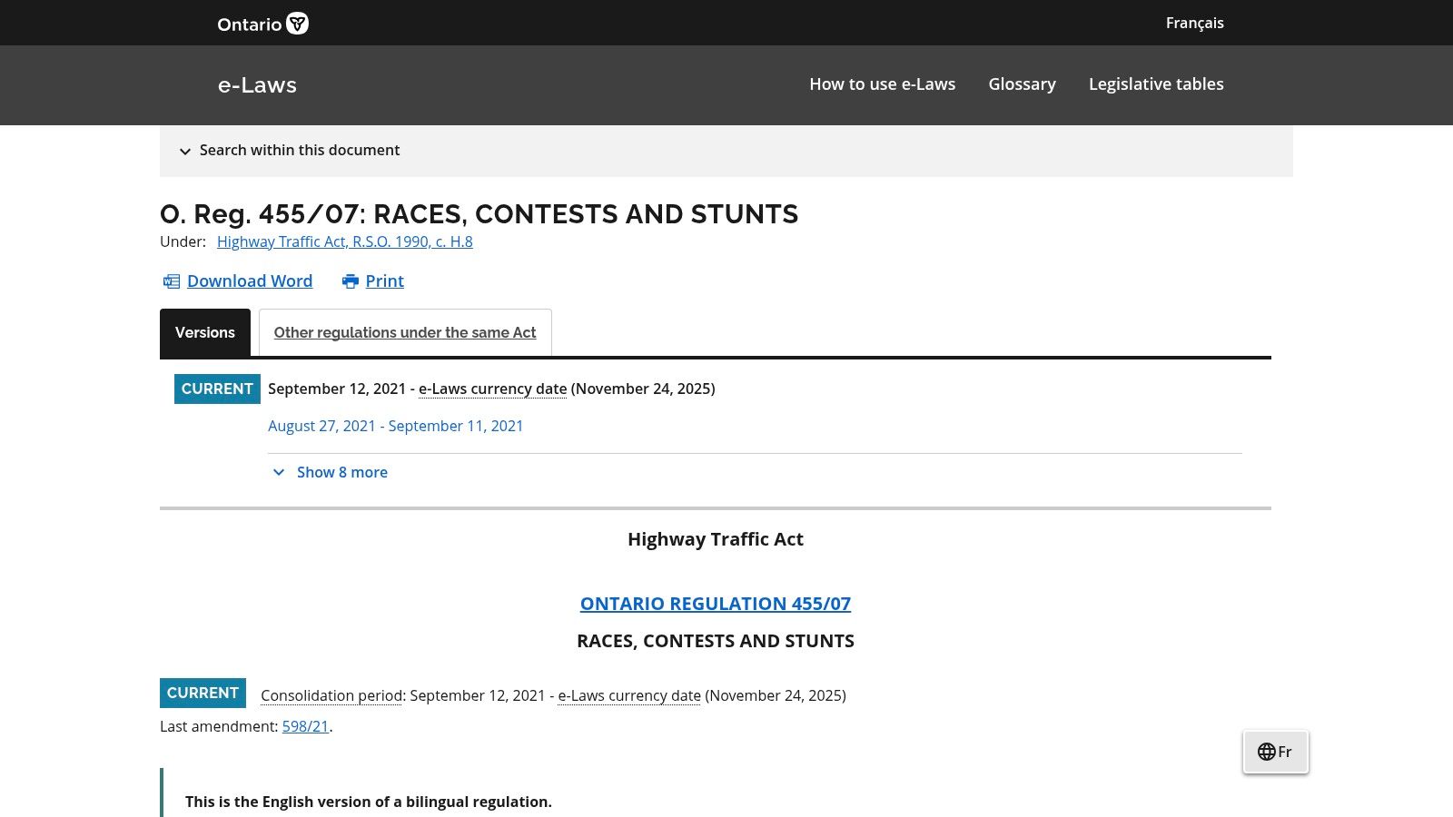 Ontario e-Laws – O. Reg. 455/07: Races, Contests and Stunts