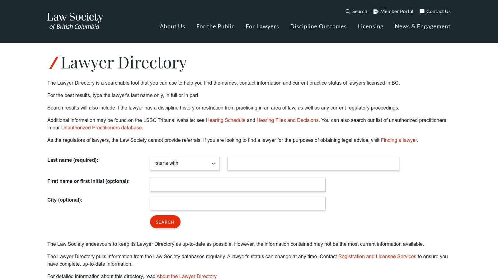 Search interface for the Law Society of British Columbia Lawyer Directory