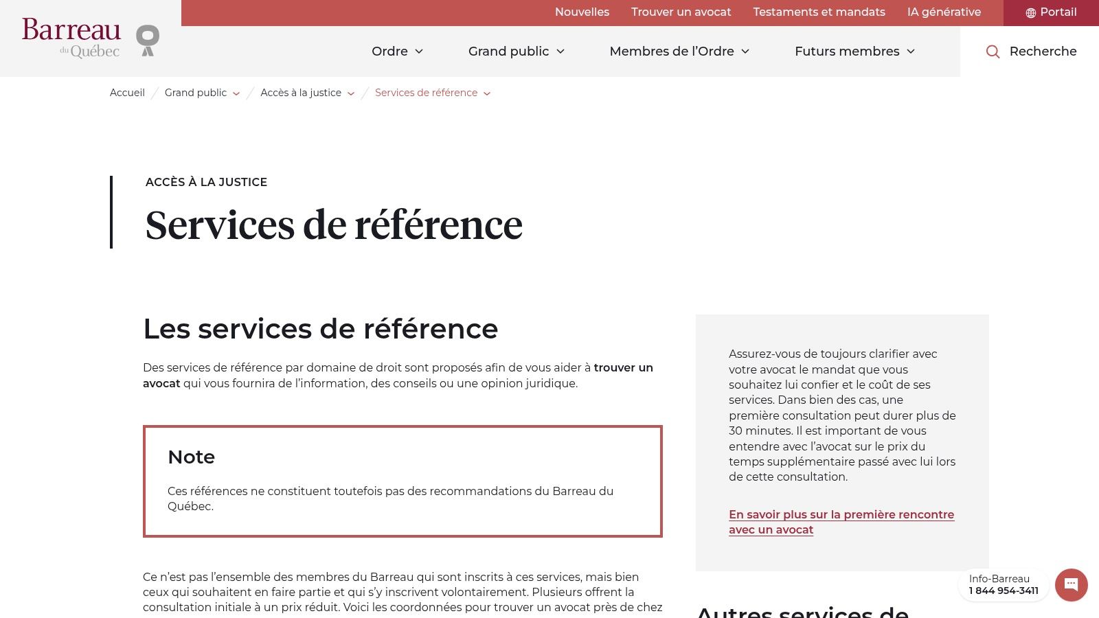 Barreau du Québec – Services de référence / Trouver un avocat