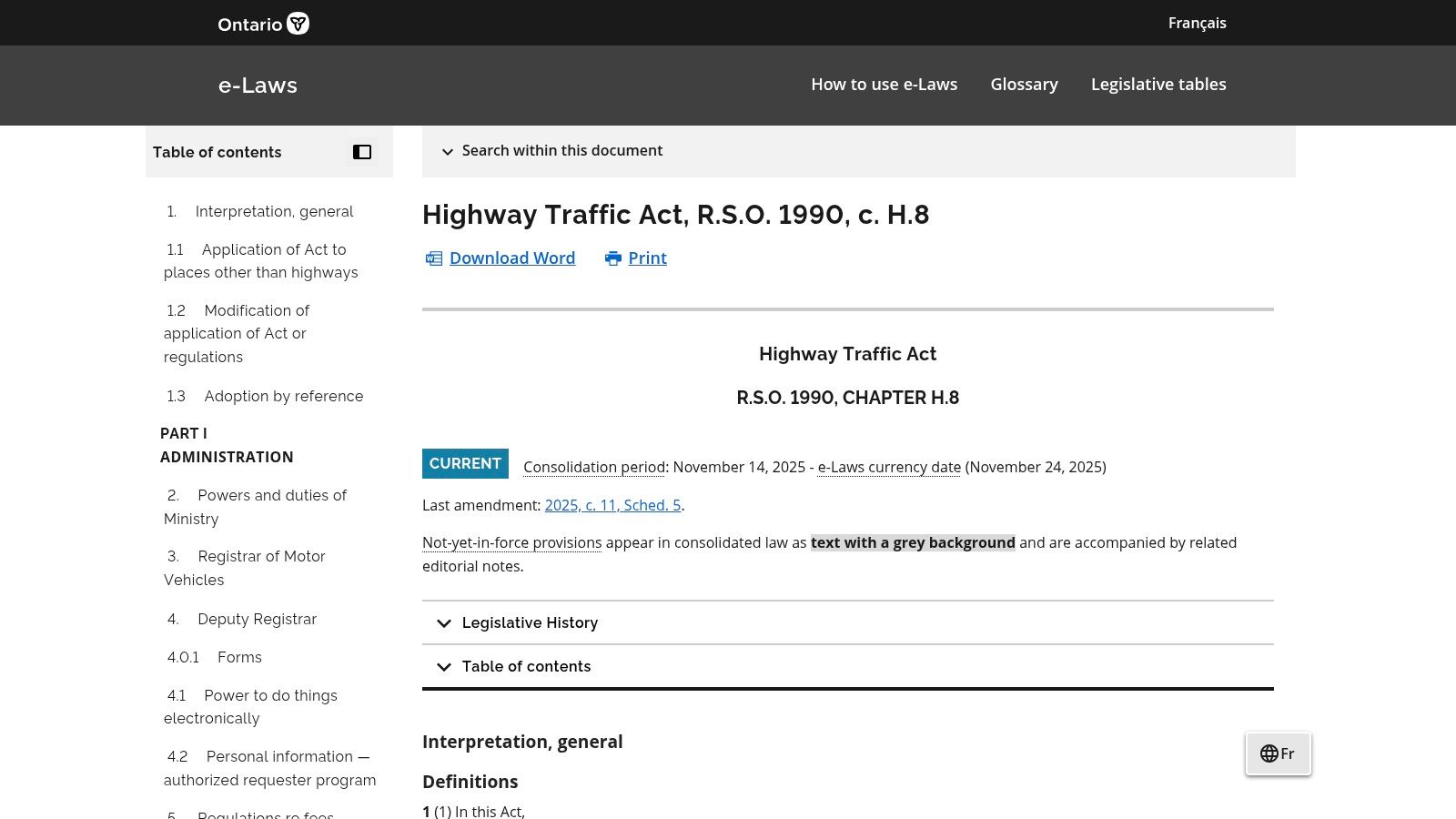 Ontario e-Laws – Highway Traffic Act, s.172 (primary law)