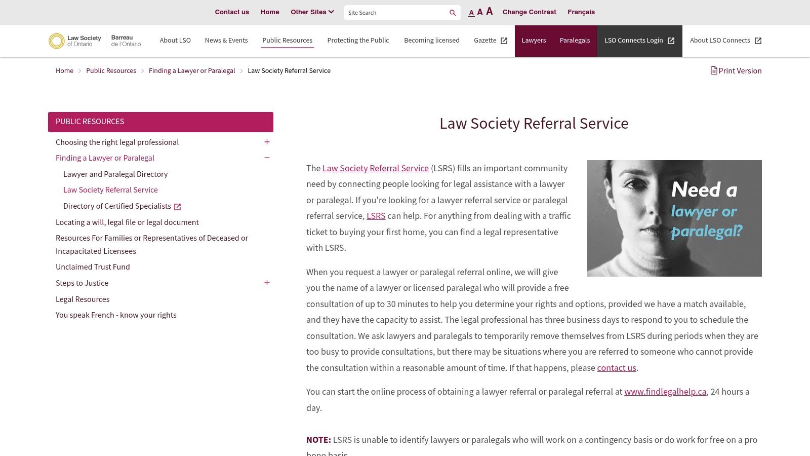Law Society of Ontario – Law Society Referral Service (LSRS)