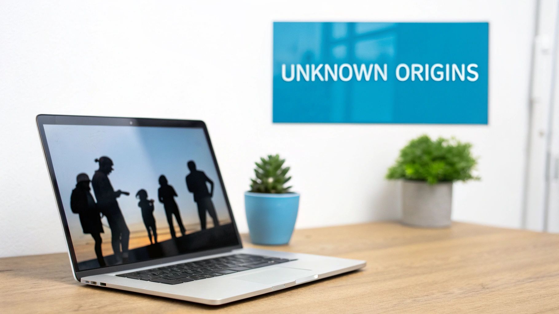 A laptop on a wooden desk displaying silhouettes of people, next to an 'UNKNOWN ORIGINS' sign.