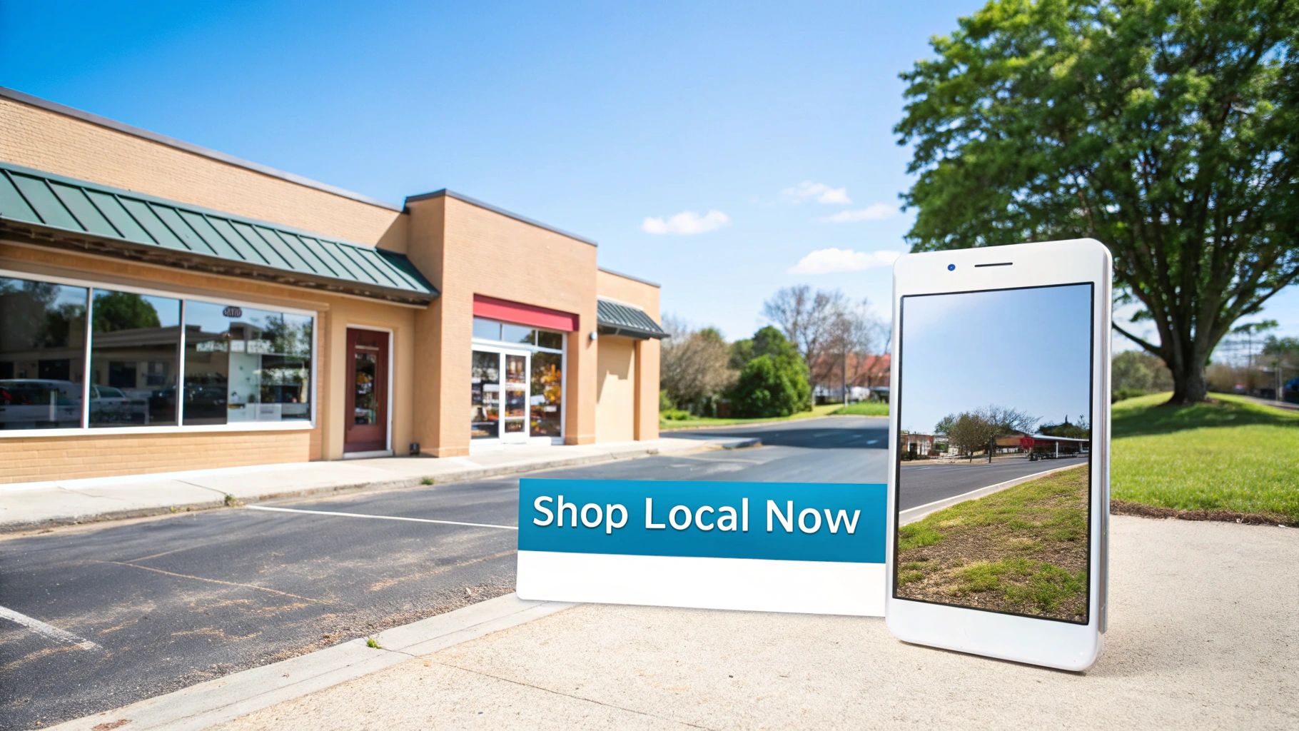 A beige retail building with a 'Shop Local Now' sign and a smartphone promoting local businesses.