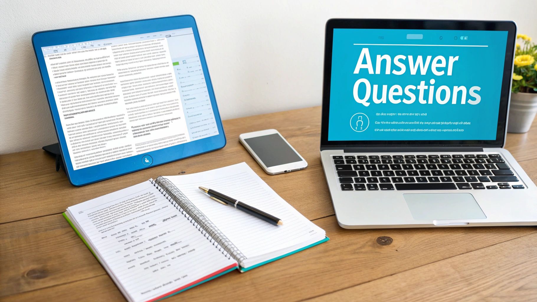 A workspace with a laptop showing 'Answer Questions', a tablet, smartphone, notebook, and pen on a wooden desk.