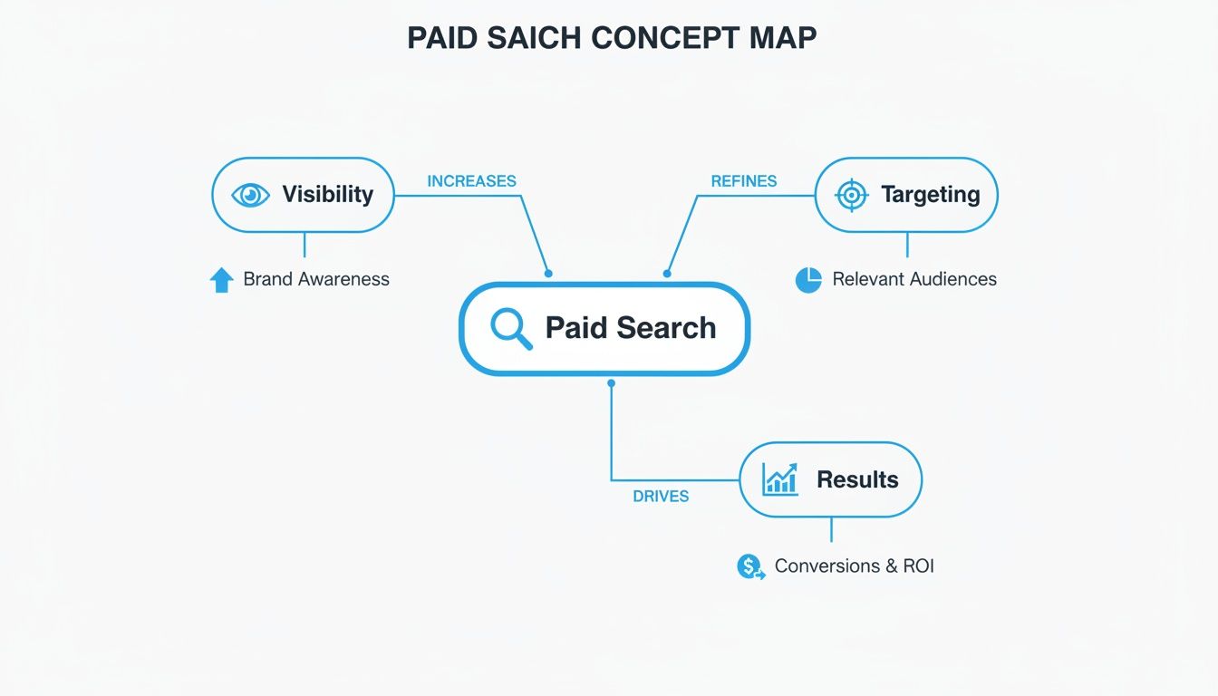 A concept map illustrating how Paid Search increases visibility, refines targeting, and drives results.